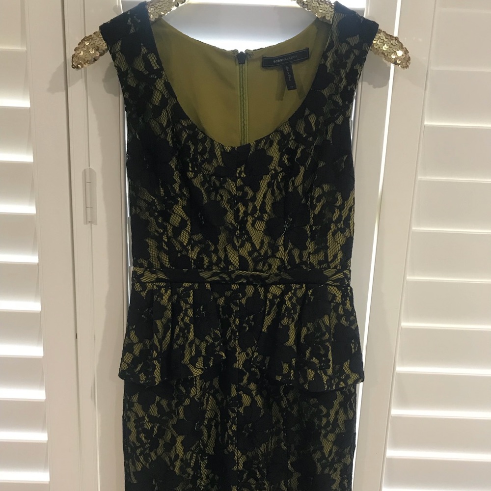 BCBG green and black lace peplum dress
